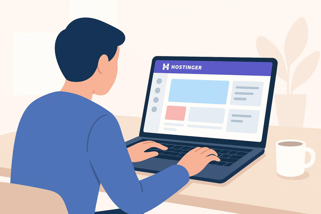 Person creating a website using Hostinger website builder on laptop