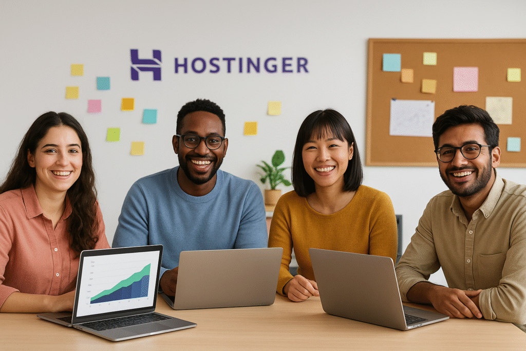 Group of diverse bloggers and influencers celebrating website growth