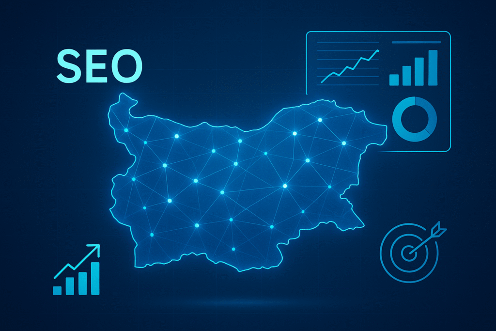 Bulgaria digital marketing agencies network map with analytics dashboard overlay