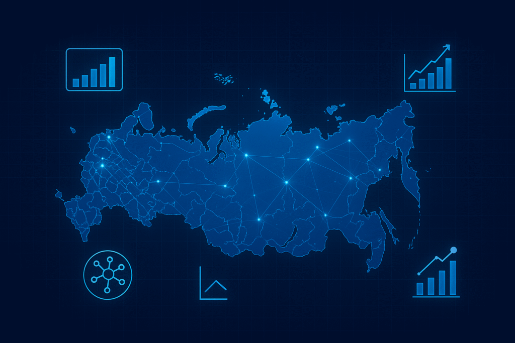 Map of Russia with digital marketing analytics icons and AI network connections