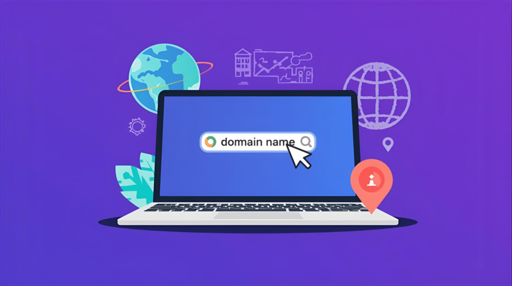 illustration of a person searching for the perfect domain name on a laptop with a browser address bar and globe icons