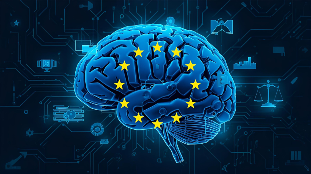 illustration of eu ai regulations showing robot with european union flag and legal icons