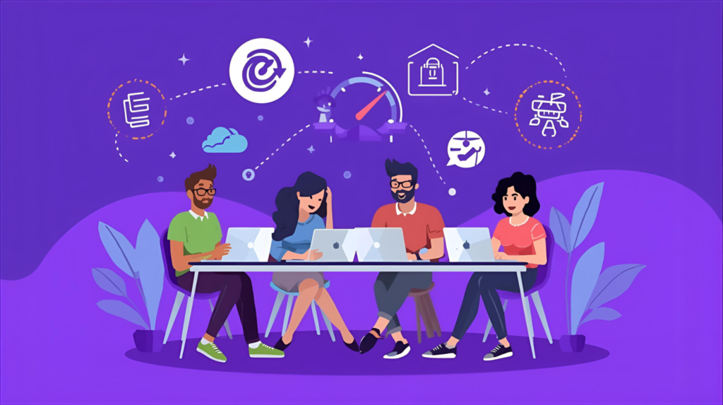 bloggers and influencers working on laptops with Hostinger web hosting and fast website growth charts