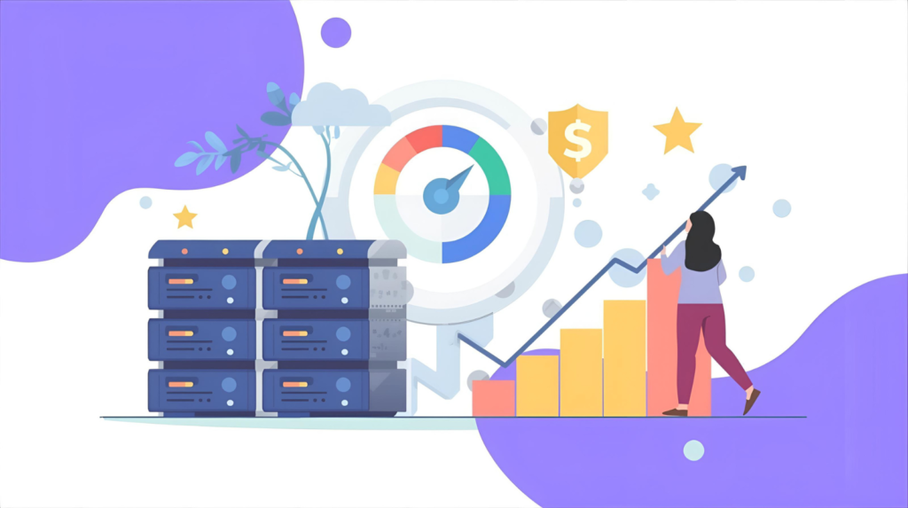 illustration of server racks, speed meter and SEO icons showing how web hosting impacts SEO and Google rankings