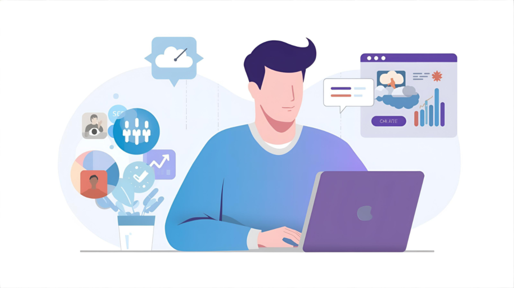 illustration of a person optimizing images on a laptop with speed and SEO icons around the screen