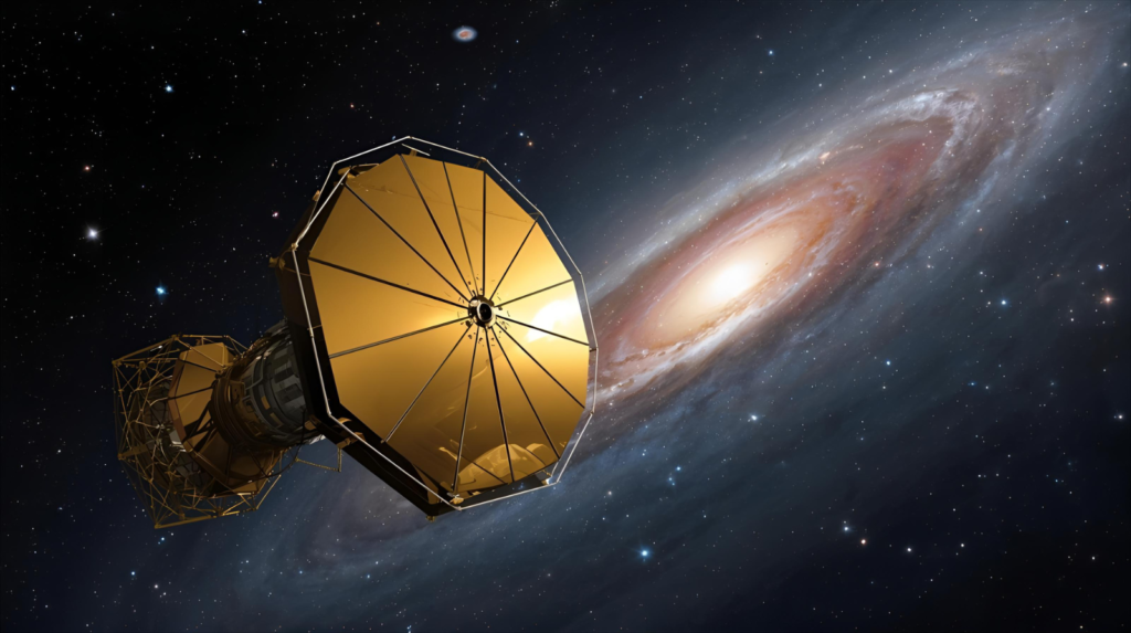 illustration of the James Webb Space Telescope studying galactic collisions and Galaxy Arp 107