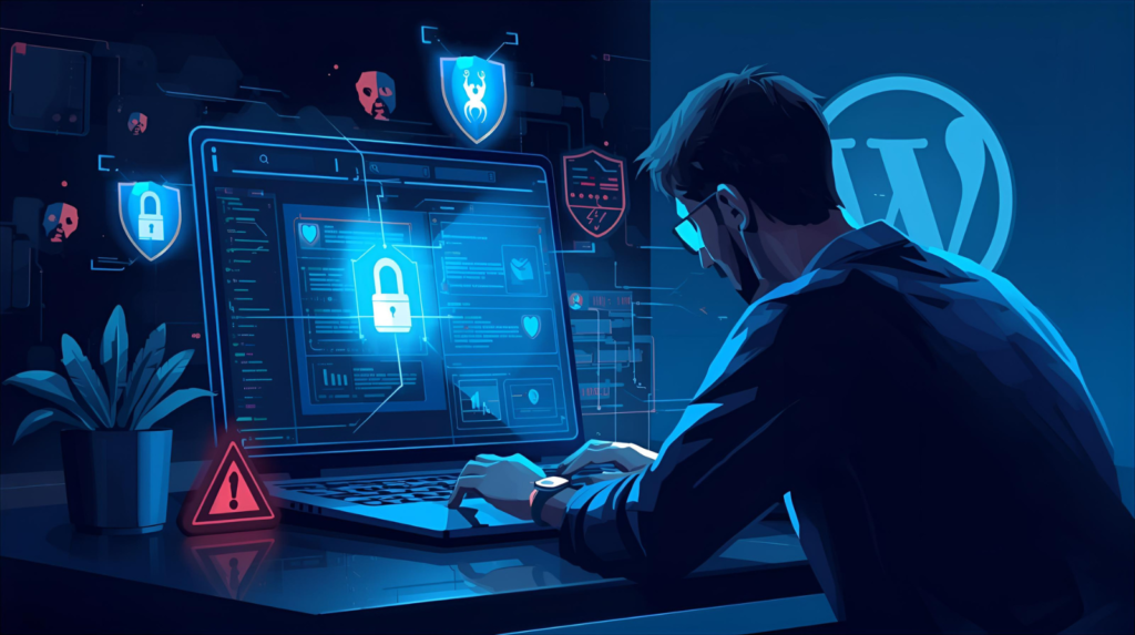 cybersecurity expert recovering a hacked WordPress site with malware alerts and security shields on screen