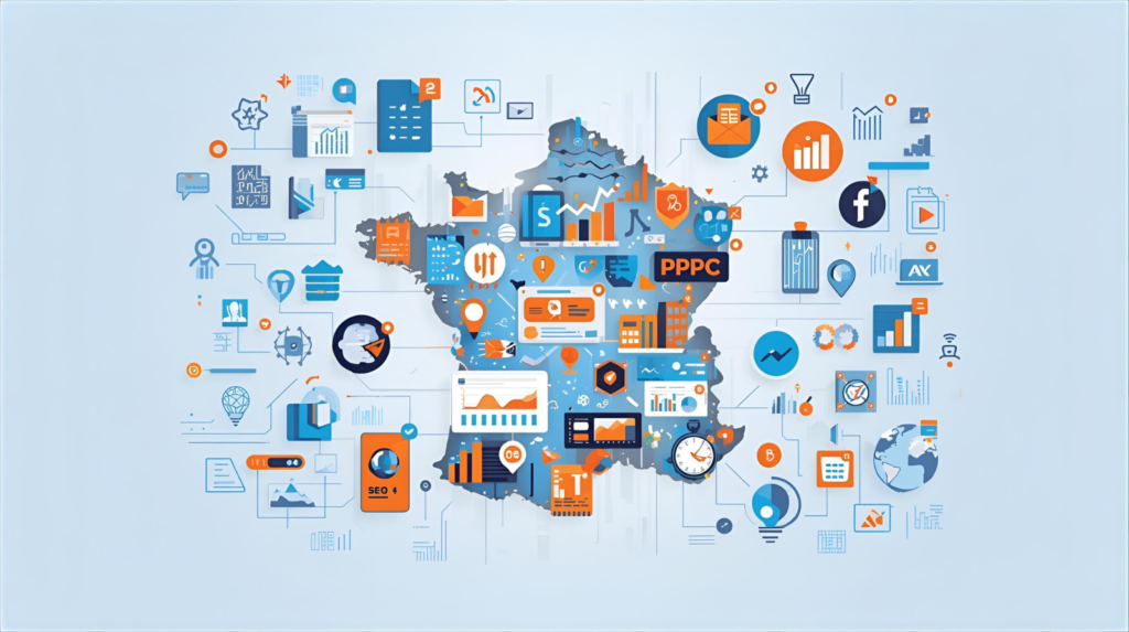 map of France with digital marketing icons representing SEO, PPC, analytics, and social media strategies