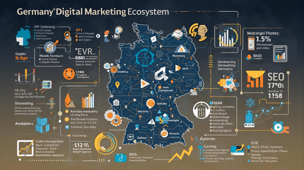 Germany map with digital marketing icons representing SEO, PPC, analytics, and social media strategies
