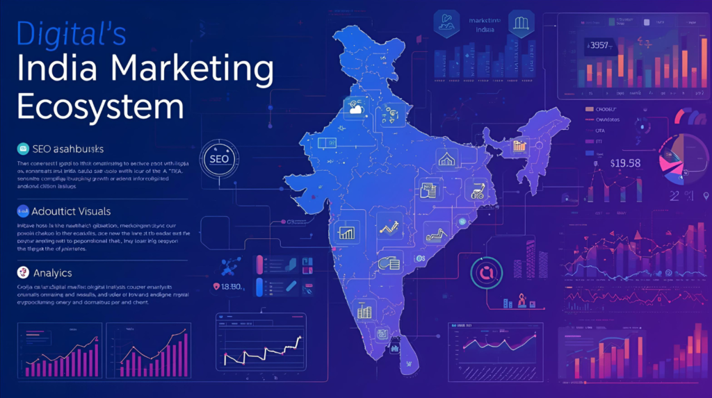 India map with digital marketing icons representing SEO, PPC, analytics, and social media strategy