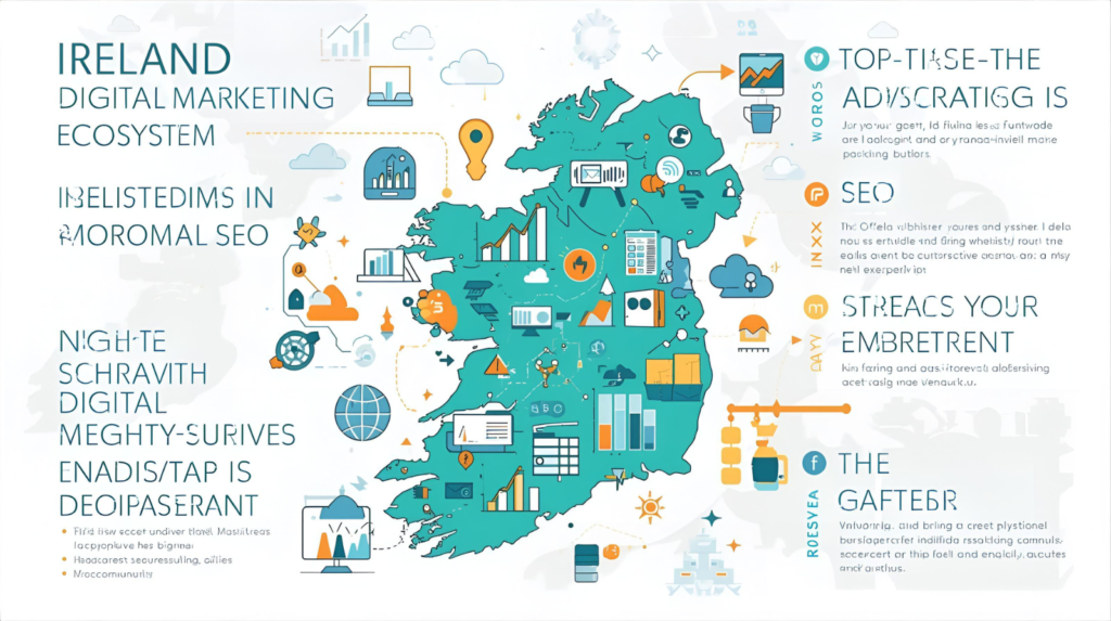 Ireland map with digital marketing icons showing SEO, PPC, analytics, and social media strategies