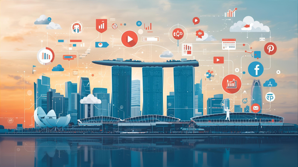 Singapore skyline blended with digital marketing icons representing SEO, PPC, analytics, and social media strategies
