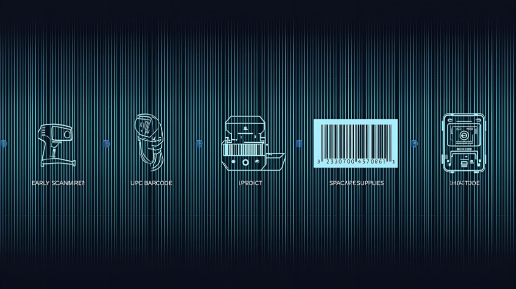 illustration showing the evolution of barcodes from supermarket checkout to space technology, representing the weird history of the barcode