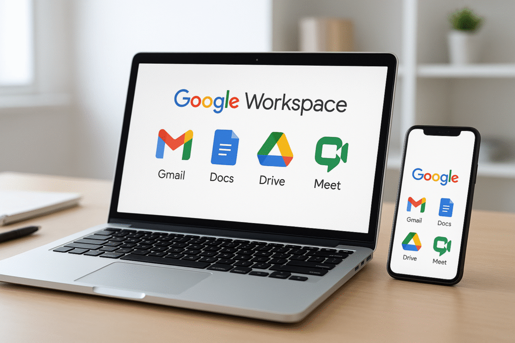Google Workspace apps including Gmail, Docs, and Drive displayed on multiple devices