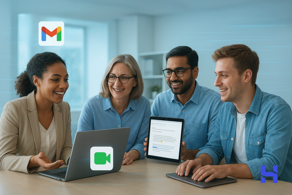 Team collaborating with Google Workspace tools under Hostinger’s offer