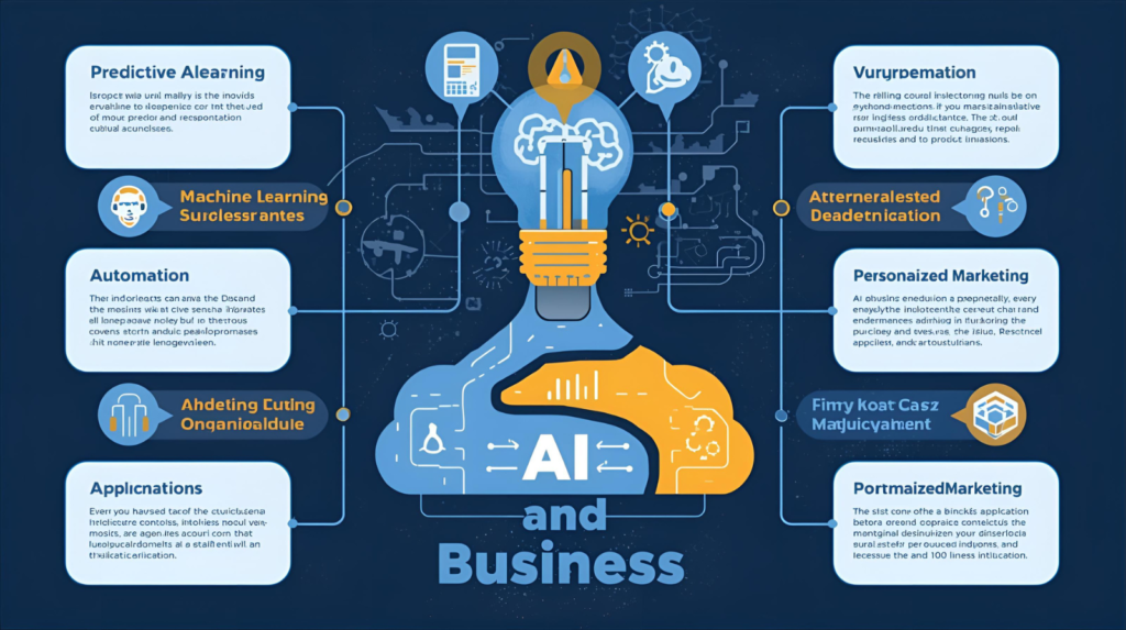 Illustration of a humanoid robot and business icons representing machine learning business applications in modern companies