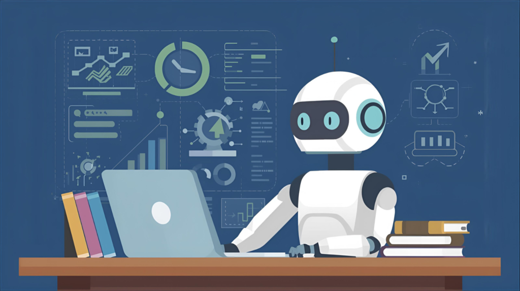 Black and white robot toy on a red desk symbolizing AI learning and technology education