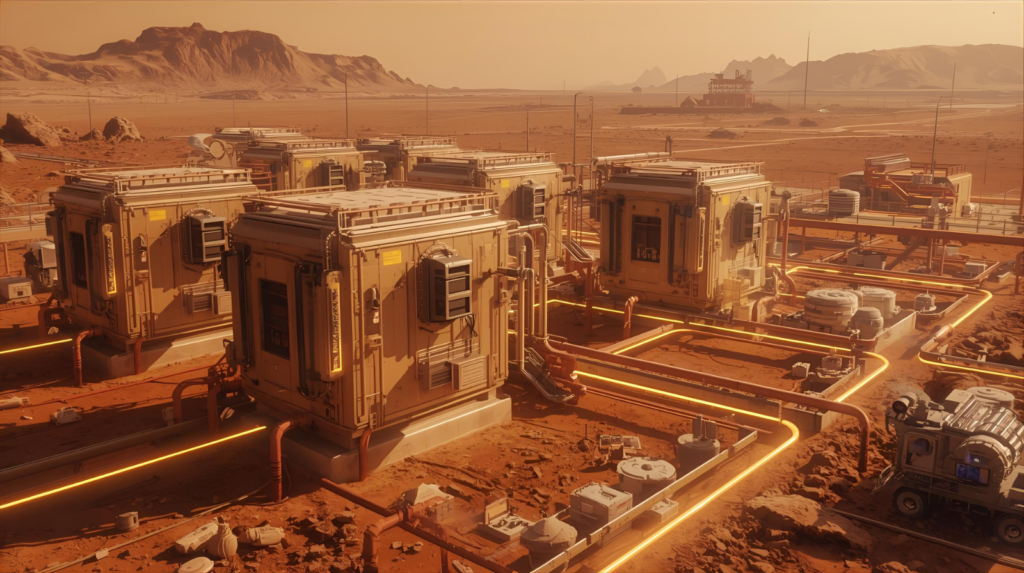 Illustration of thermoelectric generators converting CO2 into chemicals with Mars and a futuristic habitat in the background