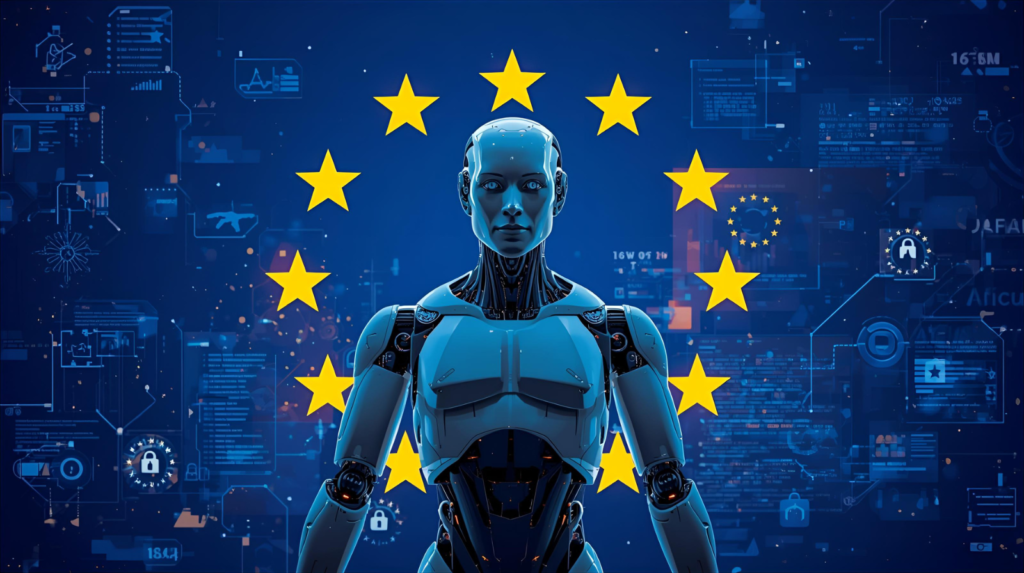 Black and white robot figure symbolizing EU AI regulation and governance of artificial intelligence models