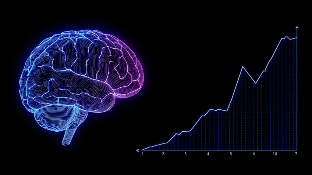 Illustration of an AI brain next to a flattening performance graph showing diminishing returns in AI models