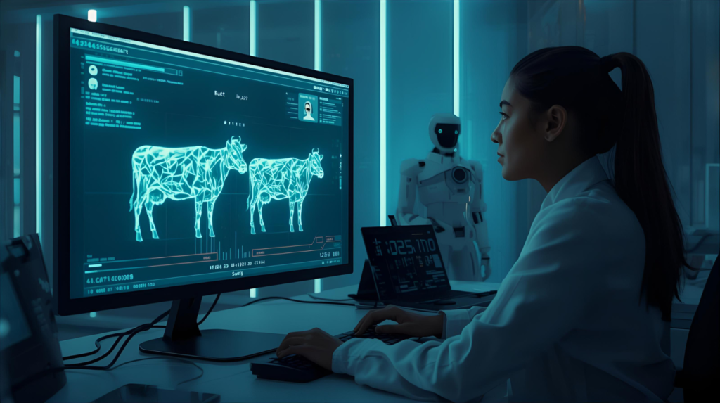 Illustration of a person controlling virtual cows on a screen, used to study navigation strategies and improve human-robot interactions in AI simulations