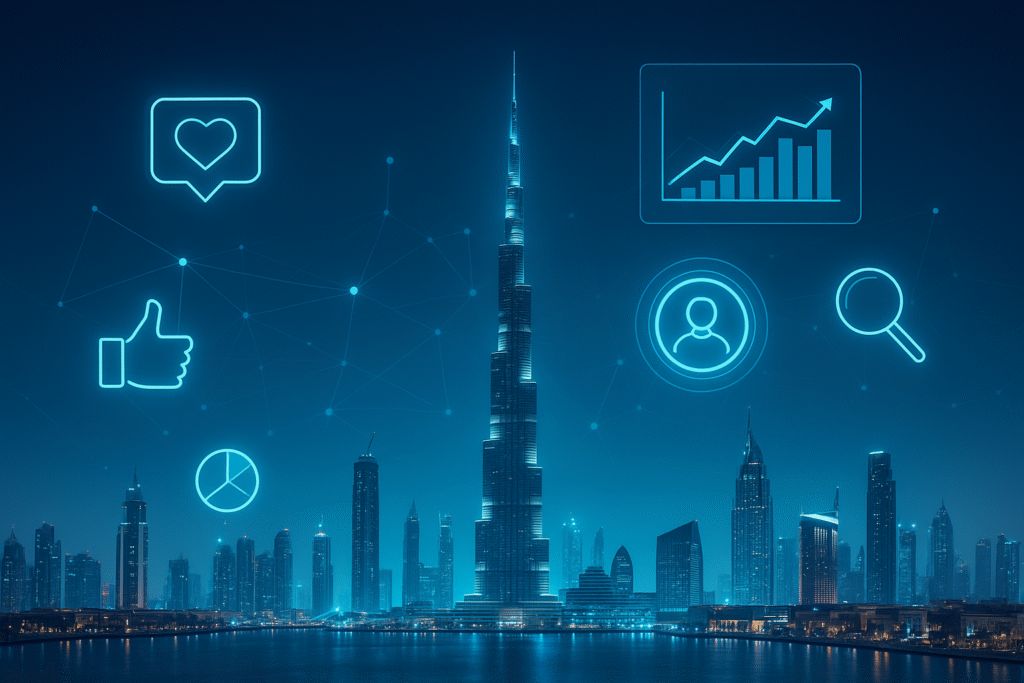 Dubai skyline with digital marketing and analytics visuals symbolizing UAE’s digital transformation