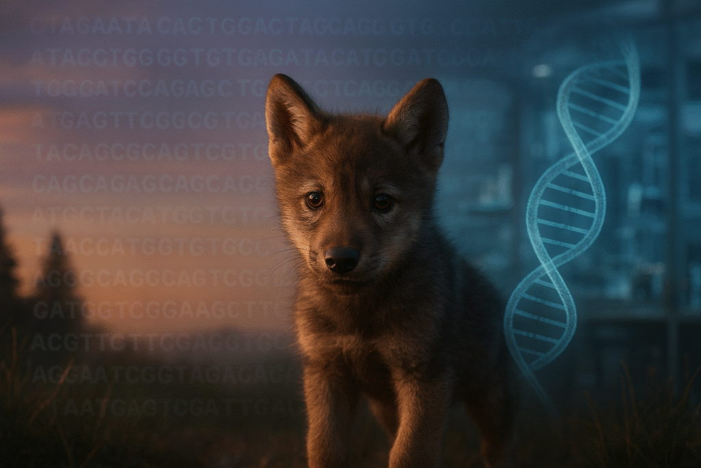 Artist’s concept of the de-extincted dire wolf pup Khaleesi emerging in a wild setting