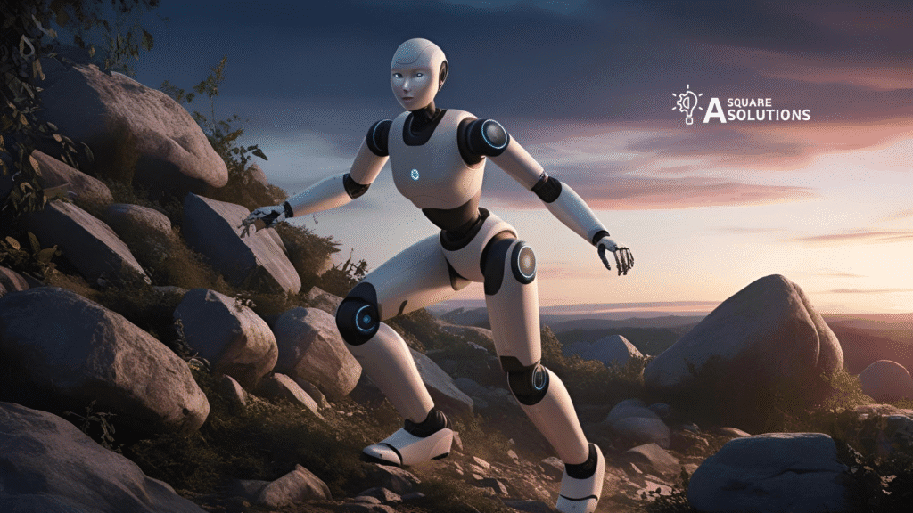 AI robot navigating rough terrain with human-like perception