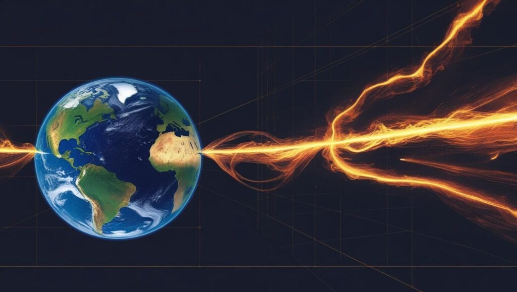 Earth’s magnetosphere deflects a solar storm; auroras glow as plasma arcs approach.