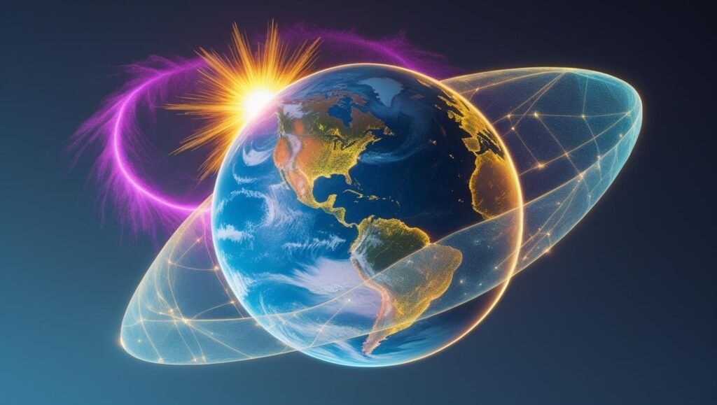 Hero artwork of Earth’s auroras and a solar flare, overlaid with a subtle AI network mesh.