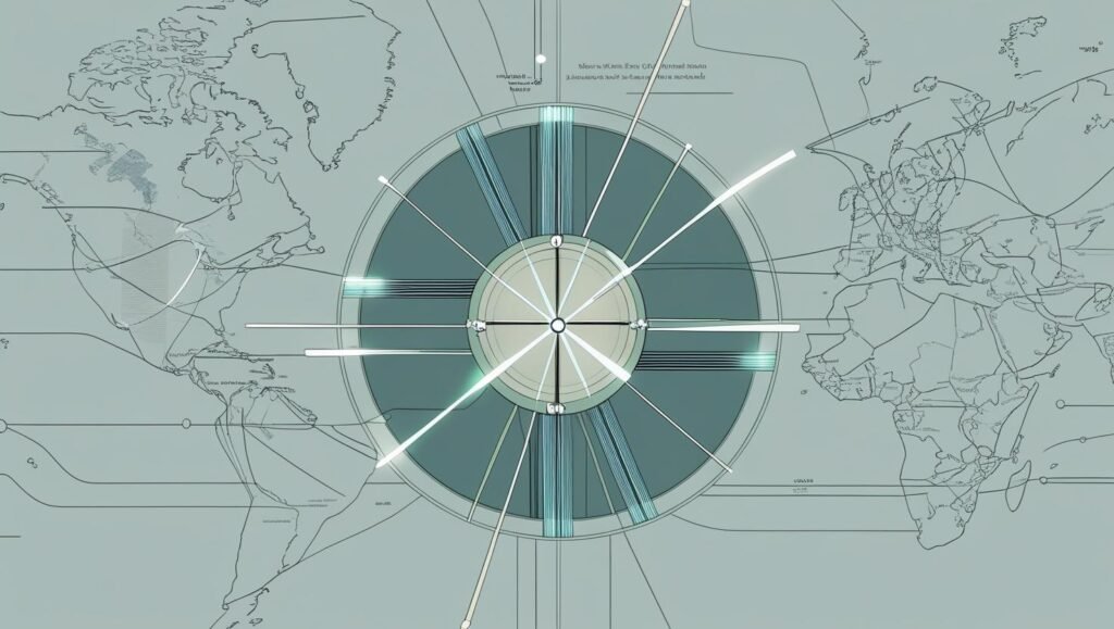 Stylized quantum clock with global network overlay.