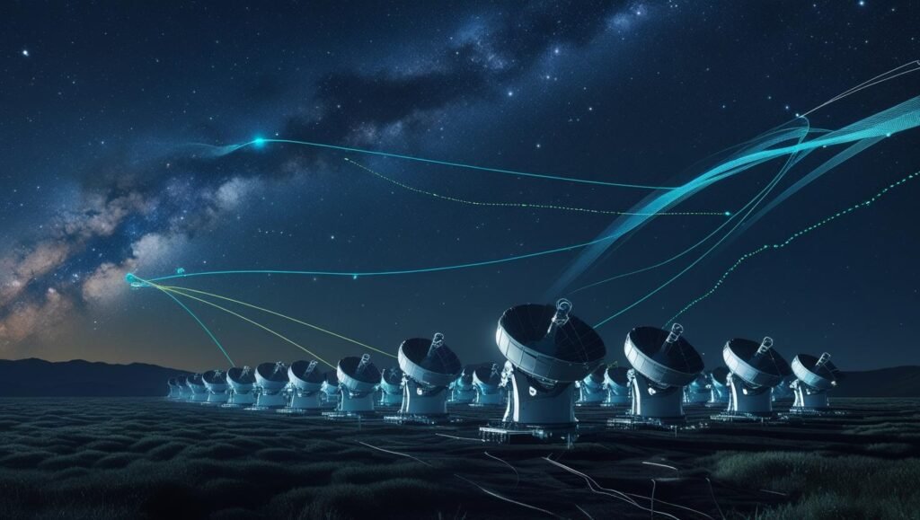Radio telescopes scanning the night sky for technosignatures.
