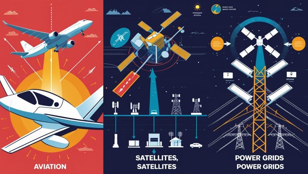 Infographic showing solar activity impacts on aviation, satellites, and power grids.