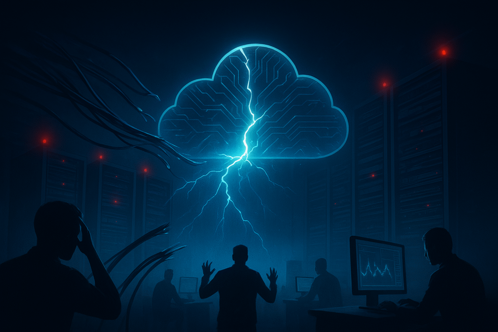 Global cloud server farm outage showing network disruption and internet collapse