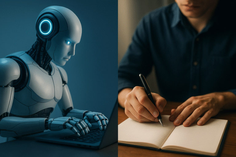 plit-screen image showing an AI robot typing on one side and a human writer jotting notes on pape