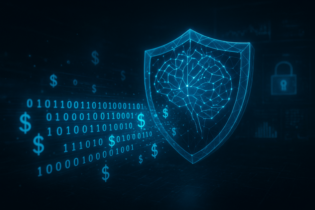 Illustration showing AI technology forming a digital shield to block online fraud worth $4 billion, representing Microsoft’s AI-powered defense against scams and cyber threats.