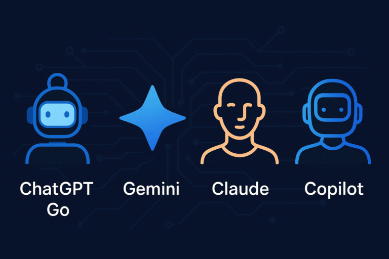 Comparison illustration of top AI assistants — ChatGPT Go, Gemini, Claude, and Copilot