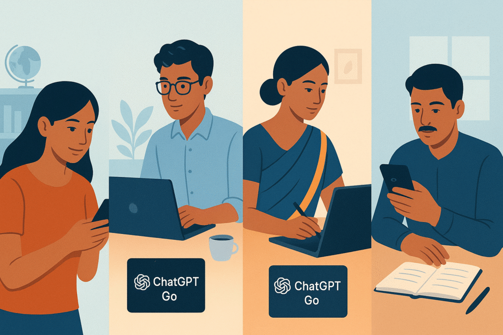 Indian creators and professionals using ChatGPT Go in various digital environments