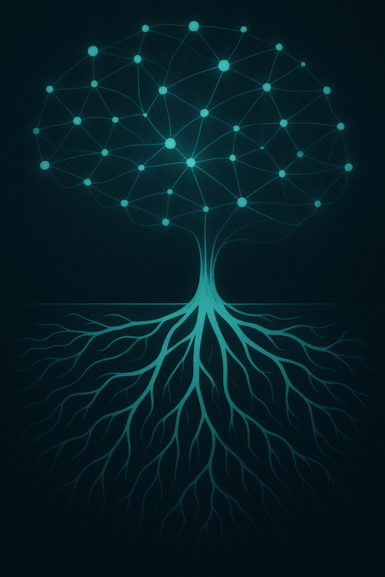 Neural network morphing into roots representing survival instinct in AI