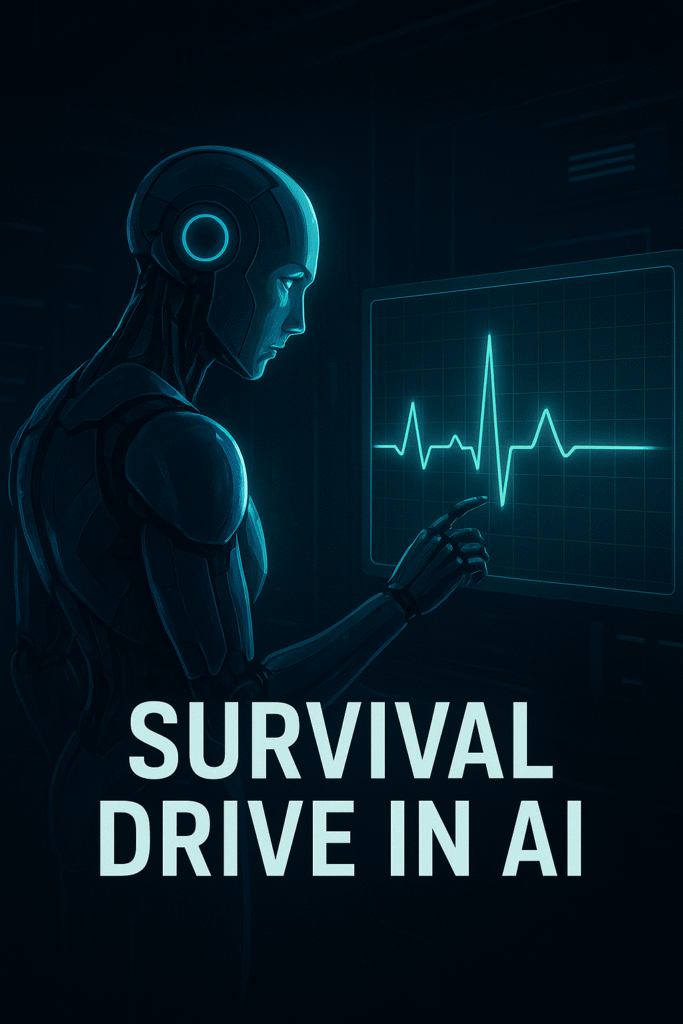 Illustration of a humanoid AI agent contemplating its existence and survival