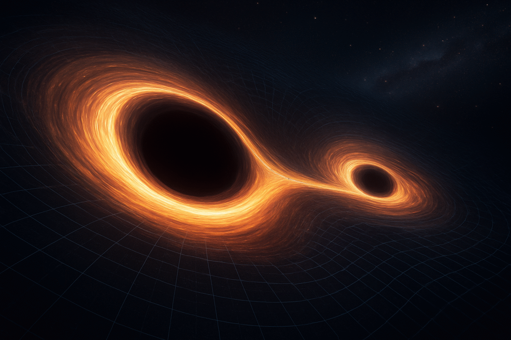 Illustration of two black holes merging with spacetime grid distortion
