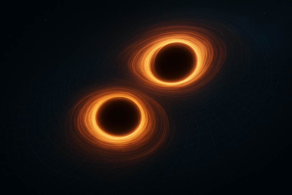 Visualization of twin black holes merging and warping spacetime around them