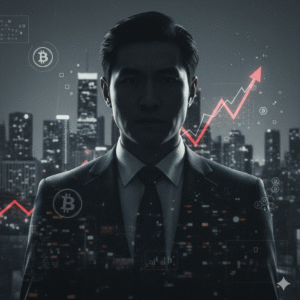 Silhouette of businessman with cryptocurrency symbols — Prince Group investigation