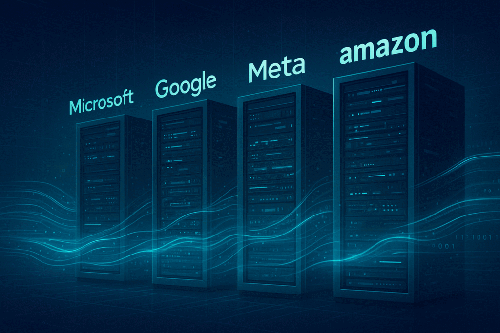 Futuristic AI data center illustrating Big Tech investments