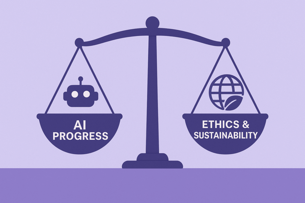 Illustration of AI progress balanced with ethical concerns