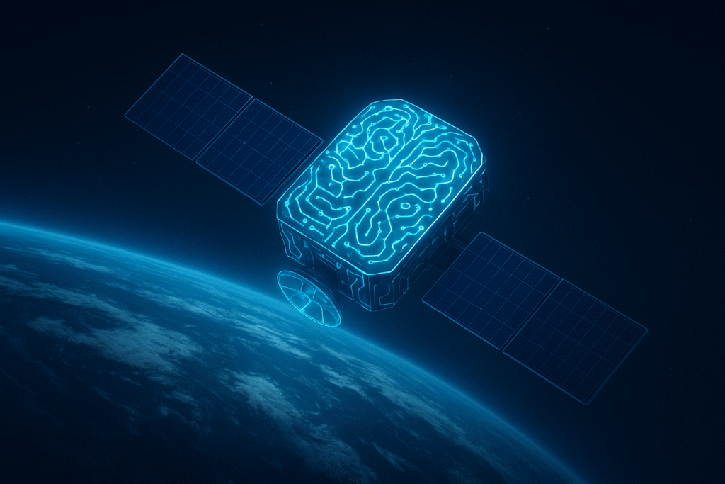 AI-powered satellite orbiting Earth with digital neural circuits