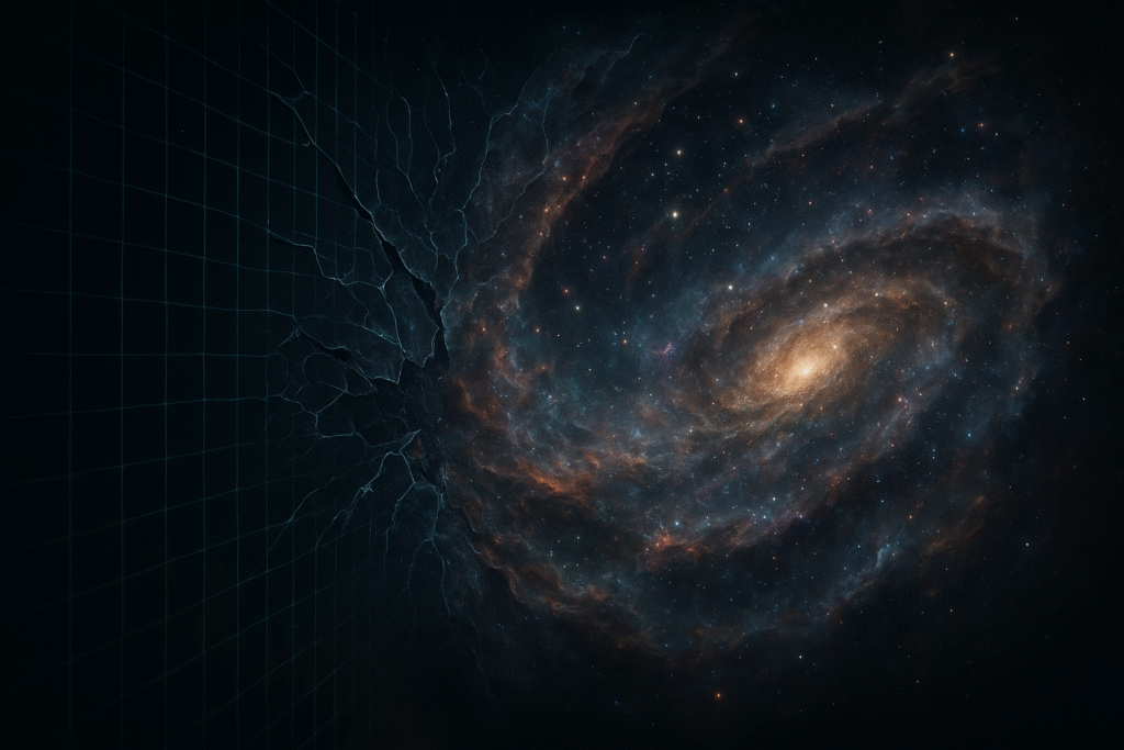 Simulation hypothesis — cosmic simulation grid dissolving into natural cosmic textures