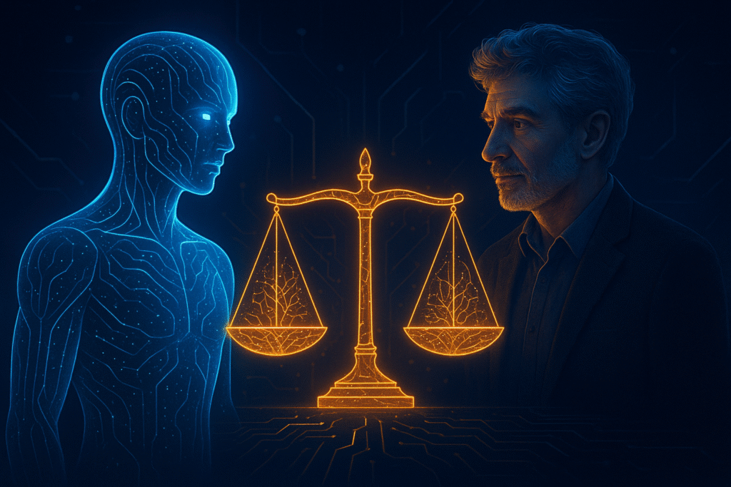 Digital depiction of artificial intelligence weighed against justice and ethics.