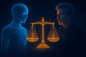 Digital depiction of artificial intelligence weighed against justice and ethics.
