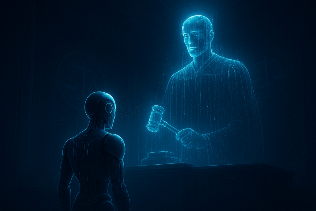 AI laws — AI robot in a digital courtroom representing legal governance of artificial intelligence